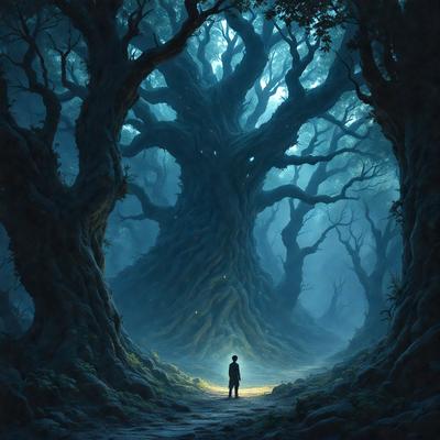 The primary subject of the image is a man standing in a forest, surrounded by trees. The setting is a dark forest with a large tree in the background. The visual style is a digital art or illustration, creating a moody and mysterious atmosphere. The colors are predominantly dark, with the man being the only source of light in the scene.